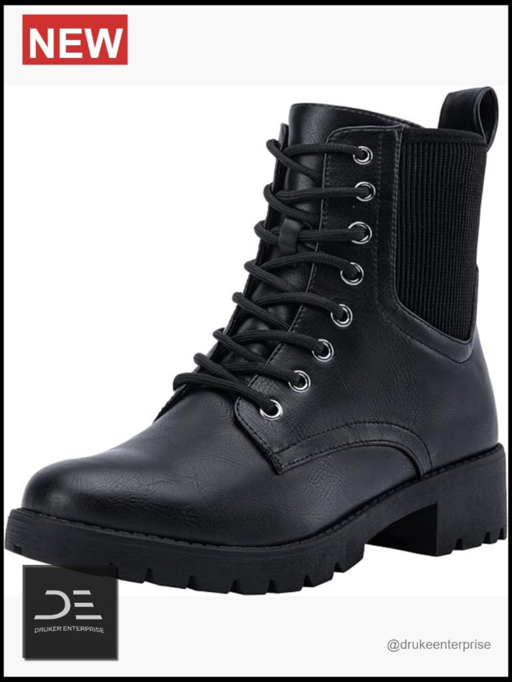 Women's Ankle Boots, Lace Up Combat Booties with Zipper, Faux Leather